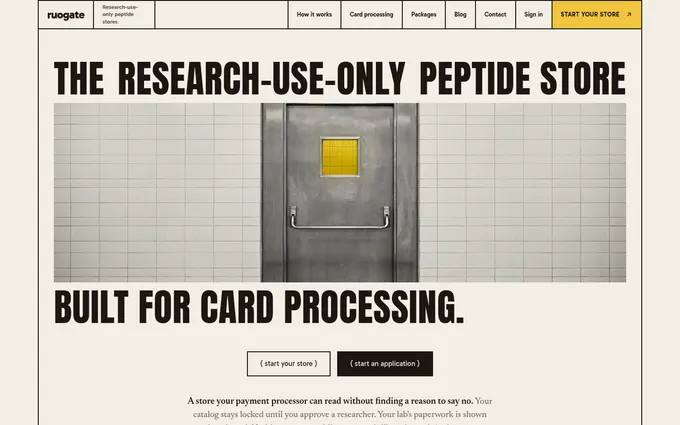 The ruogate.com home page, with the headline "The research-use-only peptide store built for card processing" over a photograph of a steel door in a tiled wall, and buttons to start a store or an application.
