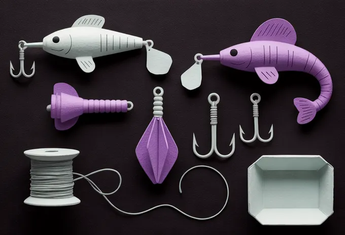 Fishing tackle cut from grape and grey paper on black card: two lures, a spinnerbait, three hooks, a spool of line and an open tackle tray.