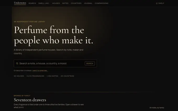 The Undernotes home page, with the headline "Perfume from the people who make it", a search box and an option to describe a scent instead.